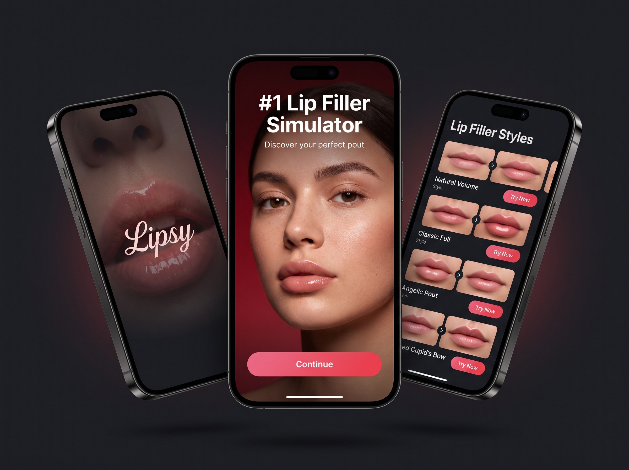 Lipsy lip filler visualization app interface showing before and after results
